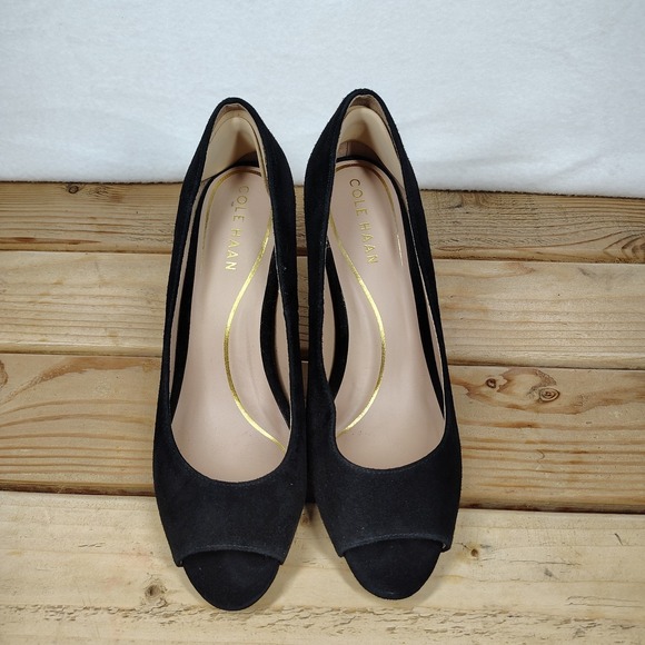 Coal Hann Black Suede Peep Toe Platform Pump Size 7B Patent Accent Heel - Picture 6 of 12